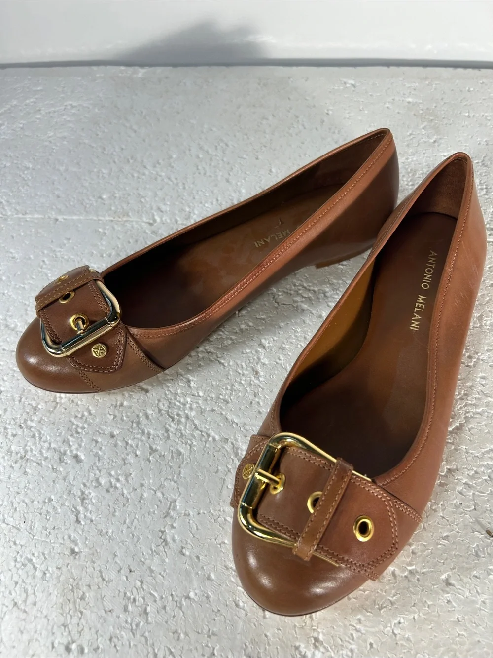 Antonio Melani SZ 8 Brown Leather Ballet Flats Buckle Old Money Staple Academia